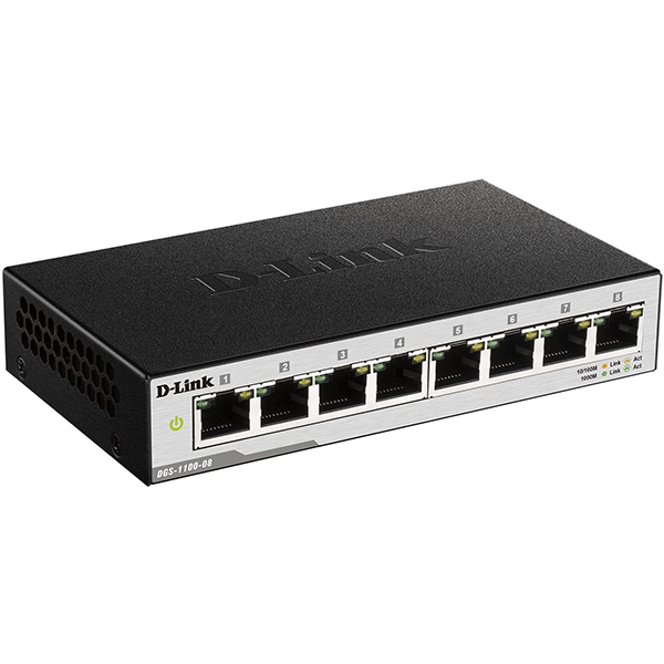 D-Link 8 port 10/100/1000Mbps PoE Easy Smart green switch, 64W power budget, EU/UK power plug (DGS-1100-08P)