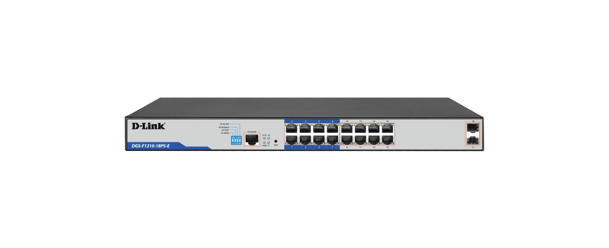 D-Link DGS-F1210-18PS-E 16-port Gigabit Long Range 250m PoE+ Smart Switch with 16 PoE ports, 2 SFP ports -DGS-F1210-18PS